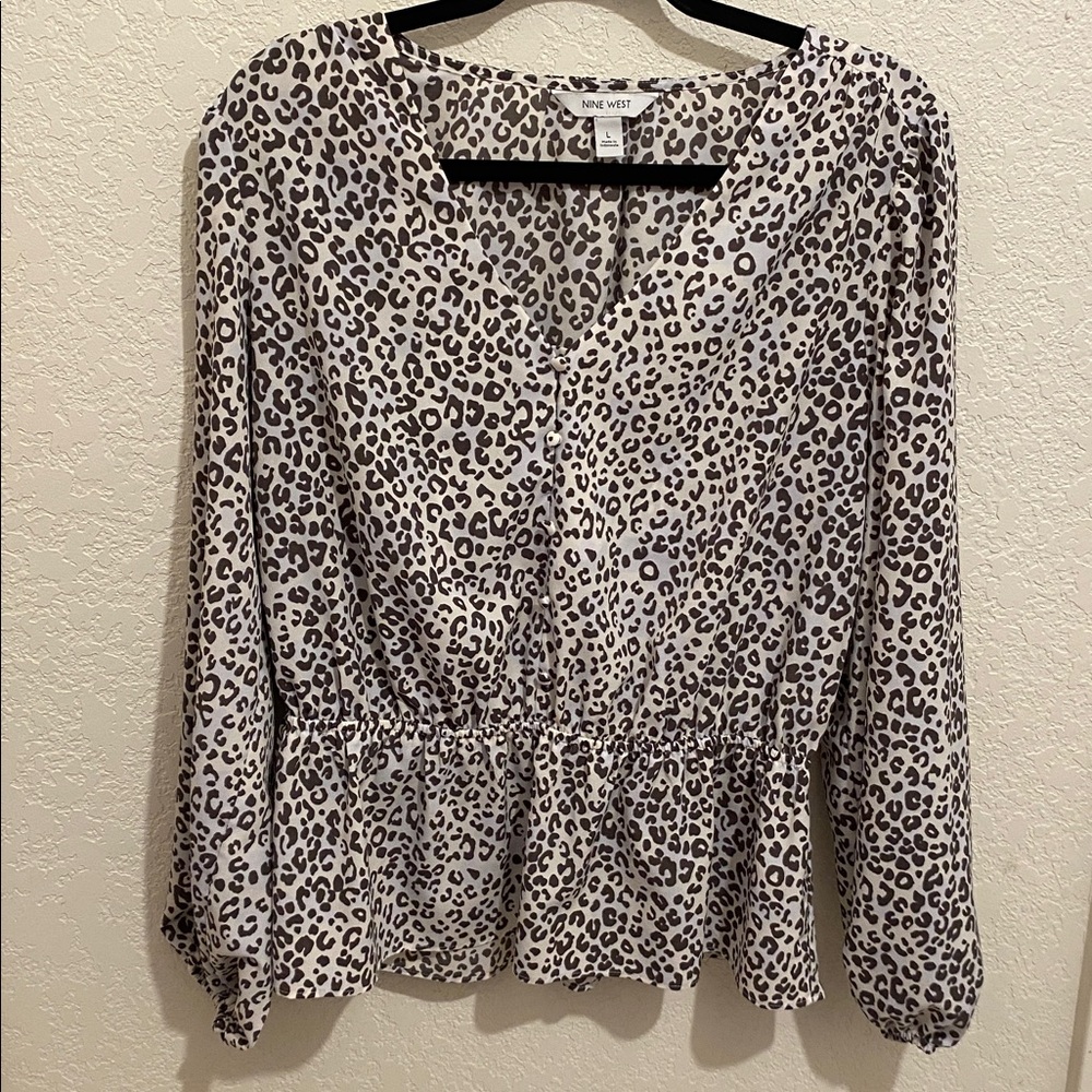 Nine West Women's Animal Print Blouse - Brown and White Size Large